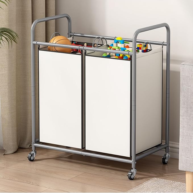 SUOERNUO Laundry Sorter Basket 2 Bag Laundry Hamper Cart with Rolling Removable Bags Laundry Organizer Cart for Clothes Storage, Beige (2 Bags, Beige)