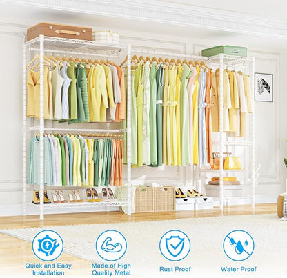 Ulif E10 Clothes Rack（With Stretchable Hanger Rod）Freestanding Clothing Racks for Hanging Clothes，Adjustable Closet Organizer System，Portable Garment Rack 73-97"W x 15" D x 72" H，Max Load 800LBS，White
