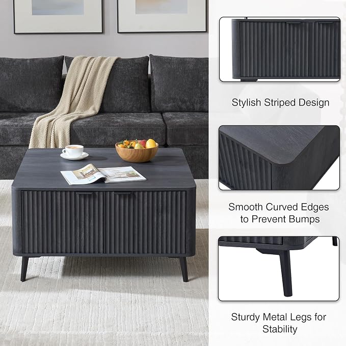Fatmok Large Lift Top Coffee Table with Hidden Compartment, 35.4" Wide Oversized Square Coffee Table with Storage, Mid Century Modern Fluted Center Table for Home Living Room, Black Grey