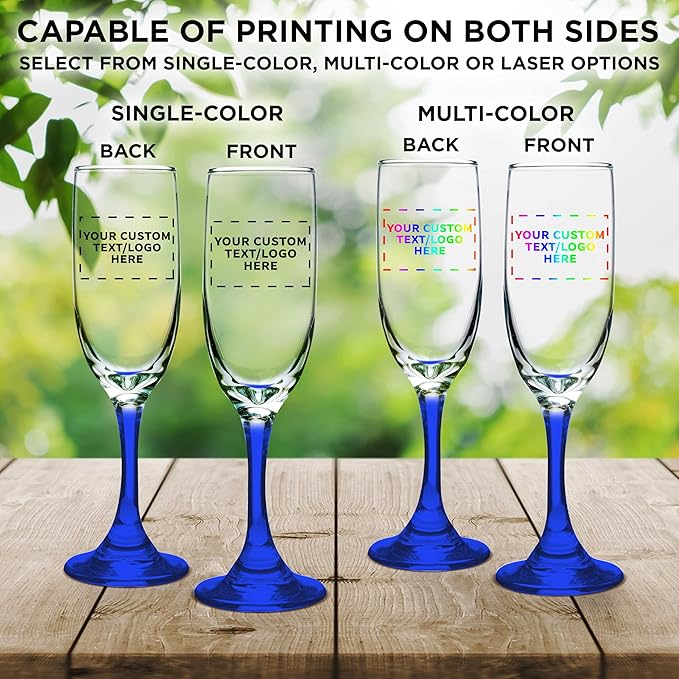 DISCOUNT PROMOS Custom Premiere Champagne Flutes 6.25 oz. Set of 50, Personalized Bulk Pack - Elegant Drinkware for Weddings, Events, & Promotional Gifts - Blue