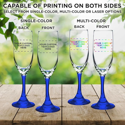 DISCOUNT PROMOS Custom Premiere Champagne Flutes 6.25 oz. Set of 50, Personalized Bulk Pack - Elegant Drinkware for Weddings, Events, & Promotional Gifts - Blue