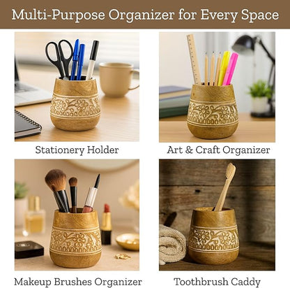 Mie Creations Designer Pencil Holder for Desk Wood | Paintbrush Holder Cup, Desk Accessories, Cute Make Up Brush Organizers | Office Desktop, Wooden Pen Stand | Stationary, Art Supplies | White-4''