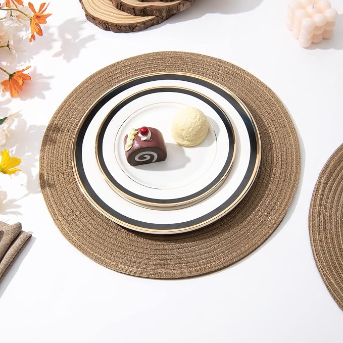 SHACOS Round Placemats Set of 4 Woven Braided Kitchen Table Placemats 15 inch Round Place Mats Washable Table Mats Indoor Outdoor, Brown