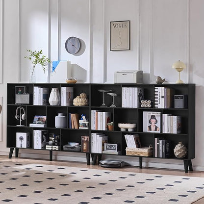 LEYAOYAO 10 Cube Bookshelf, 3 Tier Vintage 55" Wide Bookcase with Legs, Mid-Century Wood Bookshelves Storage, Black Large Book Case, Freestanding Organizer Display Shelf for Living Room, Office