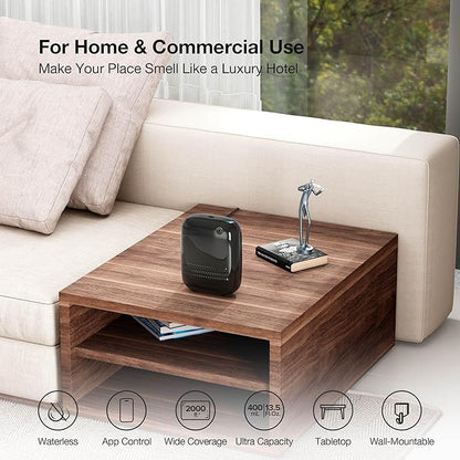 Airversa Waterless Essential Oil Diffuser for Home Large Room and Commercial Use, Up to 2000 sq ft, App Control Cold Air Diffuser, 400mL, DC-12V/1A Plug in Wall, Smart Scent Air Machine, ANW-Black