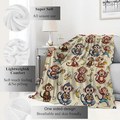 Monkey and Banana Blanket,Fun Cartoon Jungle Theme Throw Blankets,Birthday Gifts for Kids & Animal Lovers,Lightweight Soft Fleece,for Picnic Sofa Couch Bed Room Travel,Modern Decor,50x60in