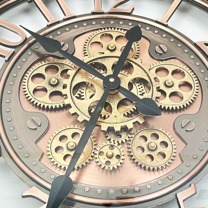 DORBOKER Real Moving Gears Wall Clock Large Modern Clocks for Living Room Decor, Industrial Steampunk Unique Vintage Rustic Decorative Clock for Home Farmhouse Office, 28 Inch,Red Copper Arabic