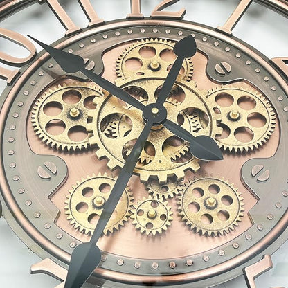 DORBOKER Real Moving Gears Wall Clock Large Modern Clocks for Living Room Decor, Industrial Steampunk Unique Vintage Rustic Decorative Clock for Home Farmhouse Office, 28 Inch,Red Copper Arabic