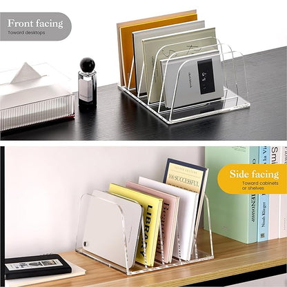 HeZone Desk File Organizer,5-Section Vertical Clear File Organizer File Holder Folder Holder Mail Sorter Acrylic Stand Rack,Office Organization for Home, Office & Classroom(1 Pack)