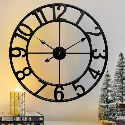 CLXEAST 24 Inch Wall Clocks for Living Room Decor, Large Black Metal Wall Clock Battery Operated, Silent/Non Ticking, Regular Arabic Numeral