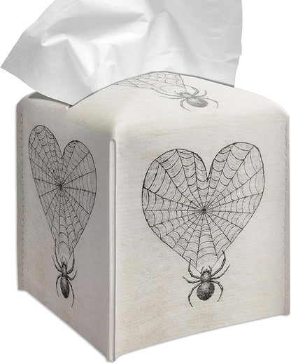 Grace Yonks Gothic Tissue Box Cover Square - Heart Web with Spider Design 5.2" PU Leather Holder for Vanity, Desk, or Bathroom Counter - Cube Case for Facial Tissues. (119)