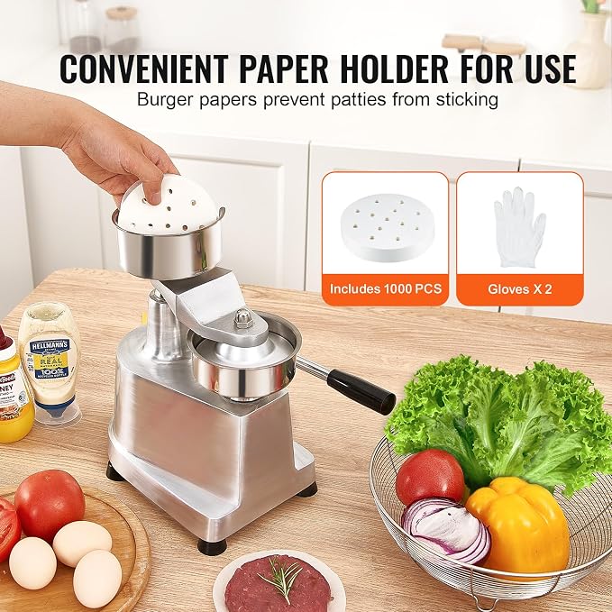 VEVOR Commercial Burger Patty Maker, 100mm/4inch Hamburger Beef Patty Maker, Heavy Duty Food-Grade Stainless Steel Bowl Burger Press Machine, Kitchen Meat Forming Processor with 1000 Pcs Patty Papers