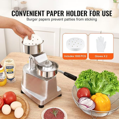 VEVOR Commercial Burger Patty Maker, 100mm/4inch Hamburger Beef Patty Maker, Heavy Duty Food-Grade Stainless Steel Bowl Burger Press Machine, Kitchen Meat Forming Processor with 1000 Pcs Patty Papers
