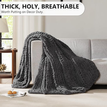 L'AGRATY Chunky Knit Blanket Throw: 72''x84'' Chenille Chunky Knitted Throw Blanket for Bed Couch - Handmade Thick Big Cable Knit Blanket - Large Crochet Blankets for Home Decor(Dark Grey)