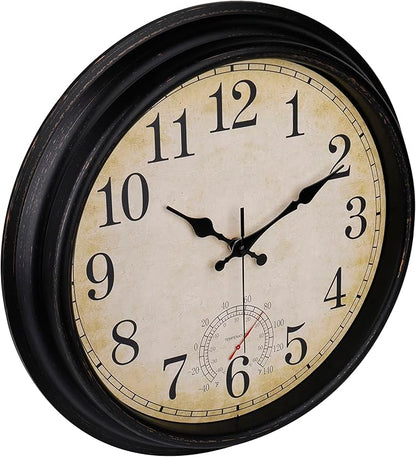 Wall Clock Vintage Style Inodor Outdoor Clock 16 Inch Large Wall Clocks Waterproof with Thermometer for Living Room Patio Pool Garden (Bronze)