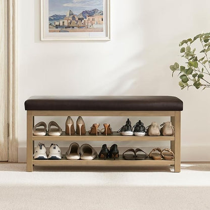 Shoe Rack Bench with Leather Cushion, 2 Tier Solid Wood Storage Bench, Mid-Century Modern Shoe Bench for Entryway, Hallway, Closet, Front Door Entrance, Foyer (Dark Brown, 46.5)
