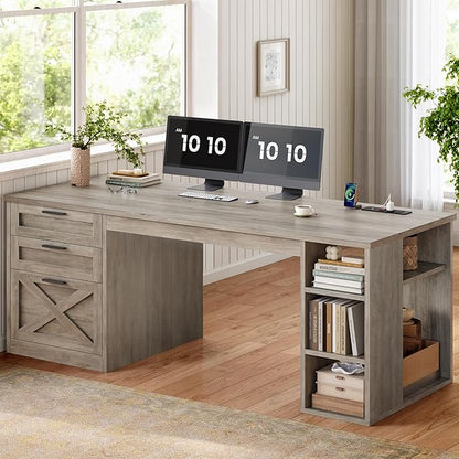 SEDETA 55.1" Executive Computer Desk with 3 Drawers, Farmhouse Office Desk with File Drawer & Storage Shelves, Executive Desk with Power Outlet for Home Office, Grey