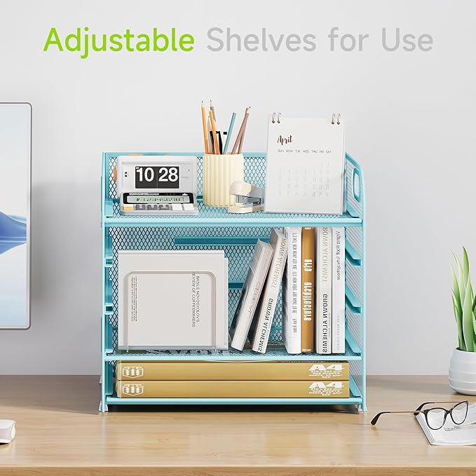 5 Tier Paper Organizer with Handle, Blue Metal Mesh Desk Organizer File Folder Paper Letter Tray Desktop Document Sorter for Classroom, School, Office Accessories Organization and Storage