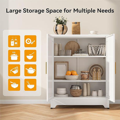 COFaR White 39" H Double Door Metal Storage Cabinet, Heavy Duty Kitchen Organizer & Coffee Bar with Adjustable Shelves, 150 lbs Top Capacity, 3-Tier Filing Cabinet for Pantry, Home Office, Dorm