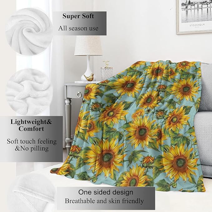 Sunflower Blanket,Vintage Yellow Floral Aesthetic Throw Blankets,Gifts for Women & Flower Lovers,Lightweight Soft Fleece,for Picnic Sofa Couch Bed Room Travel,Birthday Decor,60x80in