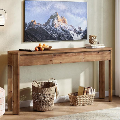 Solid Wood Console Table with 3 Drawers, 63-Inch Farmhouse Entryway Table with Rounded Corners, Long Sofa Table Behind Couch, Accent Table for Entrance, Hallway, Living Room, Rustic Brown