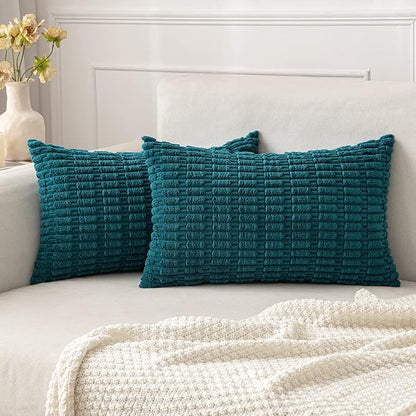 MIULEE Pack of 2 Corduroy Decorative Lumbar Throw Pillow Covers 20x12 Inch Soft Boho Striped Pillow Covers Modern Farmhouse Home Decor for Summer Coastal Sofa Living Room Couch Bed Teal