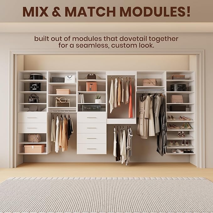ROOMTEC 31.5" Tall Hanging Closet Unit, Modular Closet System with Hanging Rod, Wardrobe Organizer for Bedroom or Walk-in Closet, Wall Mounted, Customizable Clothes Storage Unit, White