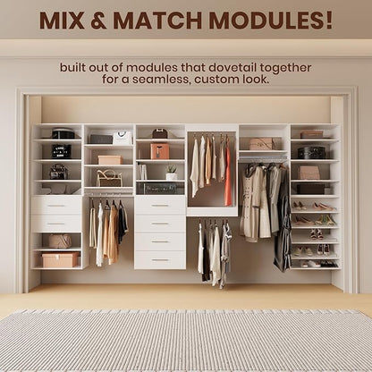 ROOMTEC Modular Closet System, 49" Wall-Mounted Closet Organizer with Drawers and Hanging Rods, Wooden Tower for Walk-In Closets, Wardrobe Storage Kit, White