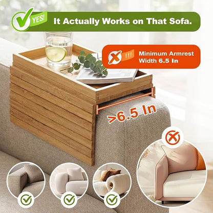 Sofa Arm Tray, Foldable Bamboo Couch Armrest Table with Large 12.5" x 5.8" Storage Compartment, Portable Chair Couch Caddy Arm Tray for Cup TV Snacks Phone