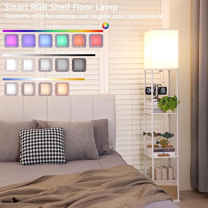 Gupuzm Floor Lamp with Shelves, with Modern Square Standing Lamp with Smart APP Control RGB Bulb, Corner Display Bookshelf Lamp for Living Room, Bedroom and Office (White-9RGB)