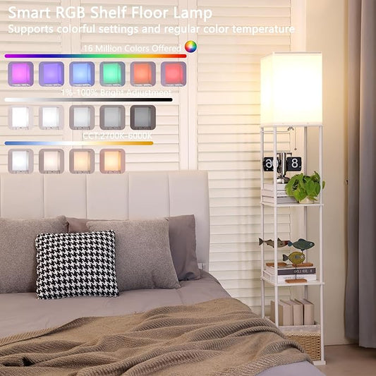 Gupuzm Floor Lamp with Shelves, with Modern Square Standing Lamp with Smart APP Control RGB Bulb, Corner Display Bookshelf Lamp for Living Room, Bedroom and Office (White-9RGB)