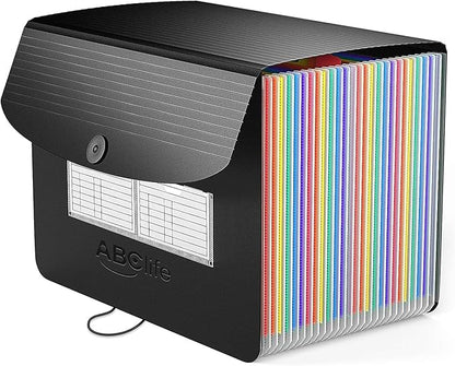 ABC life 26-Pocket Expanding File Folder, Large Capacity Document Organizer with 1/3 Cut Tabs, Letter Size Accordion File Organizer for Tax, Bills, and Receipts - Black