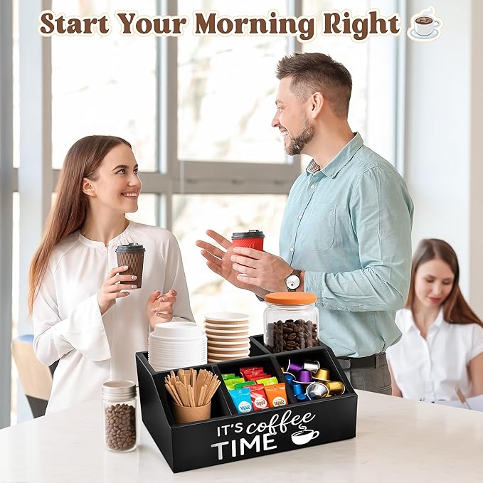 Coffee Station Organizer – Wooden Condiment Holder for Coffee Bar Accessories, Tea Bags, Pods, Stirrers – Rustic Countertop Storage Basket for Home & Office