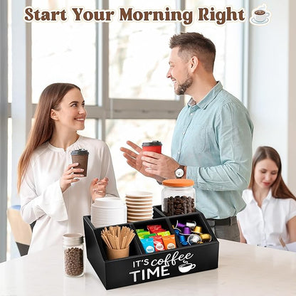 Coffee Station Organizer – Wooden Condiment Holder for Coffee Bar Accessories, Tea Bags, Pods, Stirrers – Rustic Countertop Storage Basket for Home & Office
