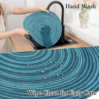 SHACOS 15 inch Round Placemats Set of 8 Variegated Multicolor Place Mats Cotton Polyester Braided Non Slip Washable Heat Resistant Table Mats for Home Wedding Dinner Party Table Decor, Rainbow Teal
