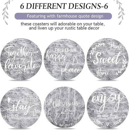 Queekay Coasters Set of 6 House Warming Gifts New Home Wooden Farmhouse Drink Coasters with Holder 4'' Funny Decoration for Kitchen Family Coffee Bar Tabletop Protection(Gray Marble)