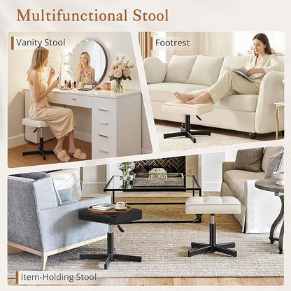 LUE BONA Adjustable Vanity Stool, 15''-19.5'' Foot Rest Under Desk, 360° Swivel Vanity Chair for Makeup Room, Cream Upholstered Faux Leather Ottoman for Bathroom & Living Room, 300lbs