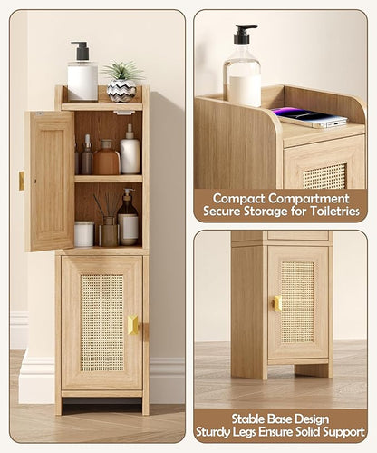 Akxomel Rattan Small Bathroom Cabinet with 2 Doors, 7.9''D x 7.9''W Narrow Toilet Paper Storage Cabinet, Bathroom Organizer for Small Spaces, Wooden Slim Corner Unit with Adjustable Shelf, Natural Oak