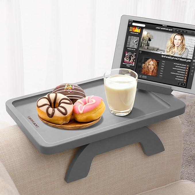 SINWANT Couch Armrest Table,Bamboo Couch Arm Tray with 360° Rotating Phone Holder,Anti Slip Foldable Sofa Arm Tray for Eating Drinking Snacks Remote on Armrest 15.35"x9.85"