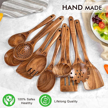 Wooden Spoons for Cooking, 10 Pcs Natural Teak Wood Kitchen Utensils Set, Comfortable Grip Wooden Utensil Set for Nonstick Pans & Cookware, Heat Resistant Wooden Spoons Wooden Spatulas Set