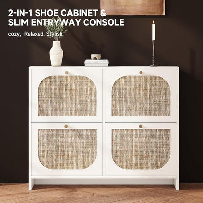 Nicetree Shoe Storage Cabinet for Entryway, 9.5" Ultra Slim White Hidden Shoe Rack with 4 Flip Drawers, Boho Teslin Woven Shoe Organizer for Men's Size 13.5 Boots