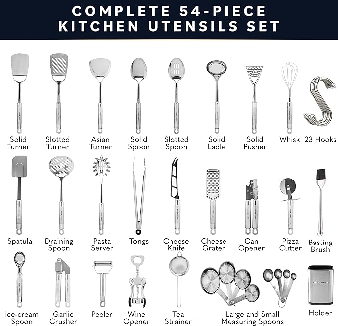 Home Hero 54-Piece Stainless Steel Kitchen Utensils Set - Heat-Resistant Nonstick Silicone & Stainless Steel Cooking Utensils - Complete Tools with Slotted Spoon & Pasta Spoon - Pack of 54, Silver