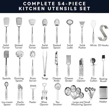 Home Hero 54-Piece Stainless Steel Kitchen Utensils Set - Heat-Resistant Nonstick Silicone & Stainless Steel Cooking Utensils - Complete Tools with Slotted Spoon & Pasta Spoon - Pack of 54, Silver