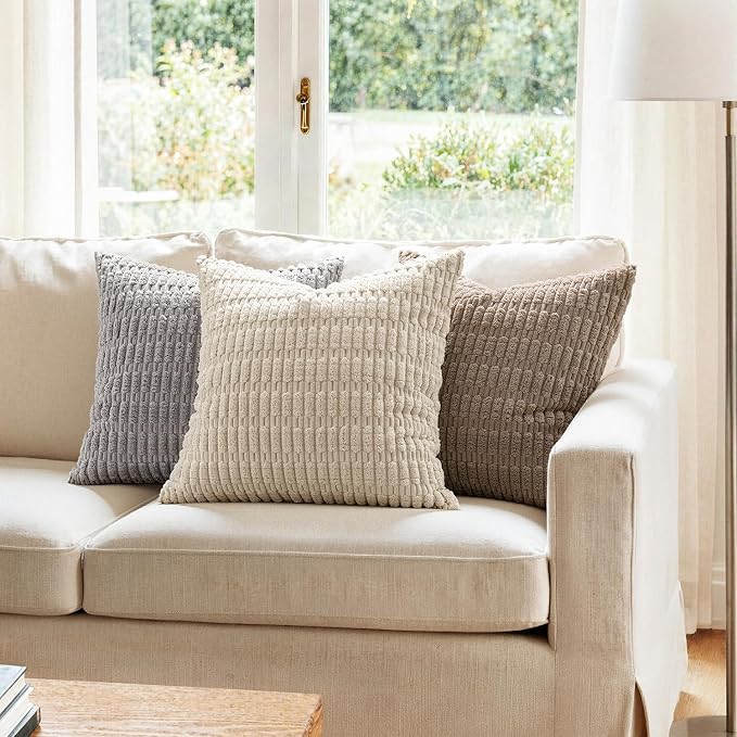 MIULEE Pack of 2 Corduroy Decorative Throw Pillow Covers 20x20 Inch Soft Boho Striped Pillow Covers Modern Farmhouse Home Decor for Sofa Living Room Couch Bed Light Grey