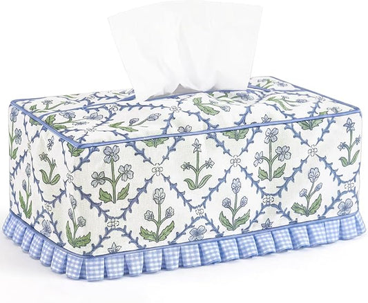 Ruffle Boho Fabric Tissue Box Cover, Handmade Rectangular Blue Green Print Floral Decorative Tissue Box Sleeve Grand Millennial Decor for Bathroom Vanity Home Office
