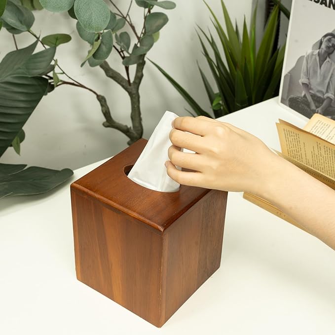 KOLWOVEN Acacia Wood Square Tissue Box Holder - Farmhouse Style, Brown