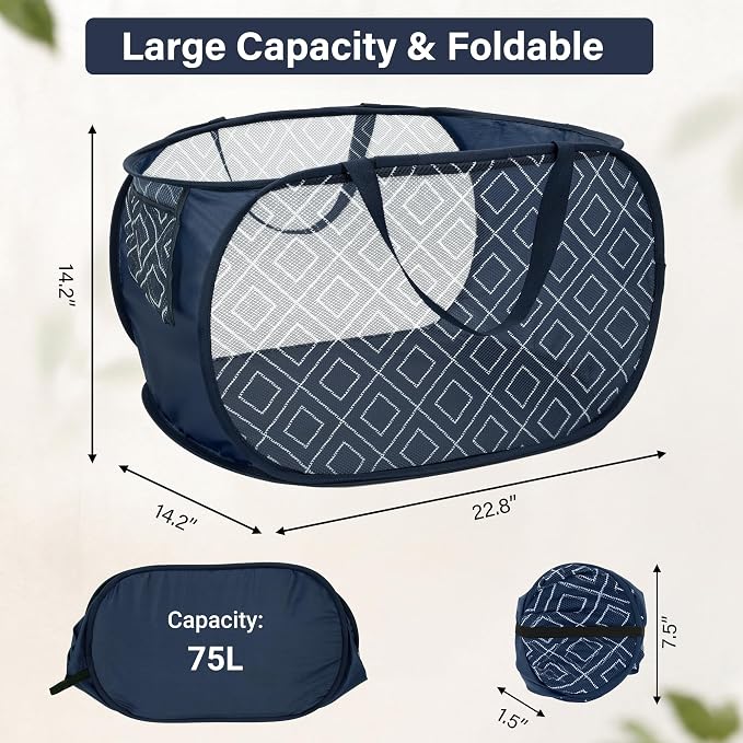 Collapsible Laundry Baskets with Side Pocket, Sturdy Pop Up Foldable Laundry Hamper with Reinforced Handles, Easy to Carry Clothes Hamper for Bathroom, Bedroom, Dorm, Travel -Prism Print, Navy Blue