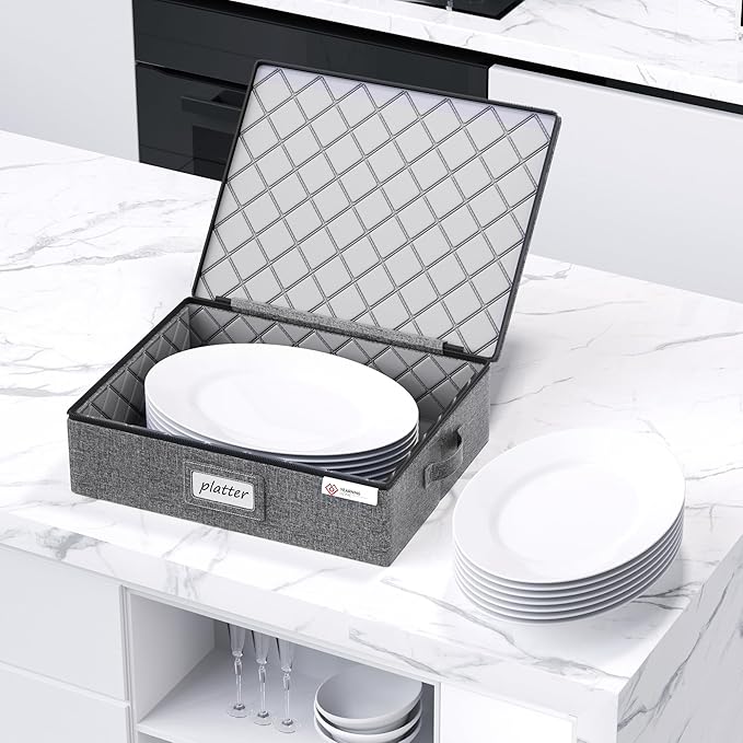 YearningHome Platter Storage Case,Hard Shell Fine China Storage Containers with Sturdy Handle and Zipper,Large Capacity with Felt Dividers for Plate,Moving and Seasonal Storage,2 Pack,Grey