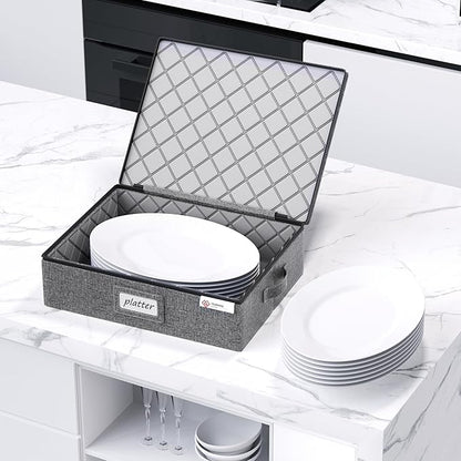 YearningHome Platter Storage Case,Hard Shell Fine China Storage Containers with Sturdy Handle and Zipper,Large Capacity with Felt Dividers for Plate,Moving and Seasonal Storage,2 Pack,Grey