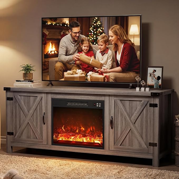 YESHOMY Fireplace TV Stand with Two Barn Doors and Storage Cabinets for Televisions up to 65+ Inch, Entertainment Center Console Table, Media Furniture for Living Room, 58 Inch, Gray